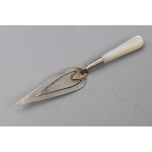 8 - A Hallmarked London Silver Trowel Bookmark With Mother of Pearl Handle, Circa 1985.