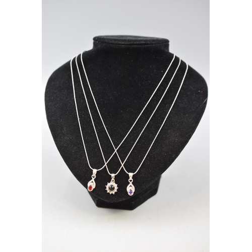 11 - Three Silver 925 Necklaces with Coloured Stoned Silver Pendants