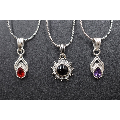 11 - Three Silver 925 Necklaces with Coloured Stoned Silver Pendants