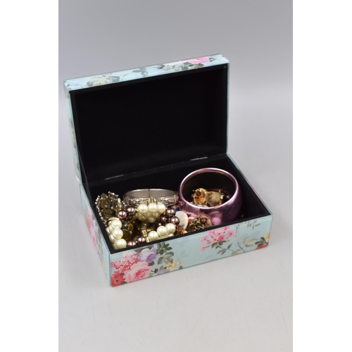 22 - Floral Glass Jewellery Box with Velour Lining and a mixed Selection of Jewellery