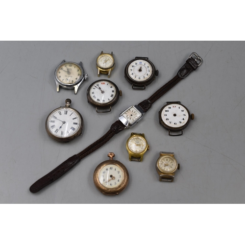 53 - A Selection of Ten Vintage Ladies Watch Heads and Pocket Watches, Includes Four Silver. For Spares a... 