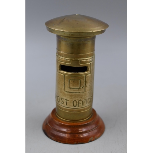 74 - A Brass Postbox Money Box, On Wooden Base. Approx 5.5