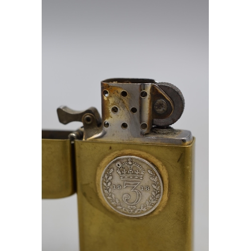 96 - Vintage Brass Zippo Cigarette Lighter with 1918 Silver 3D Coin attached