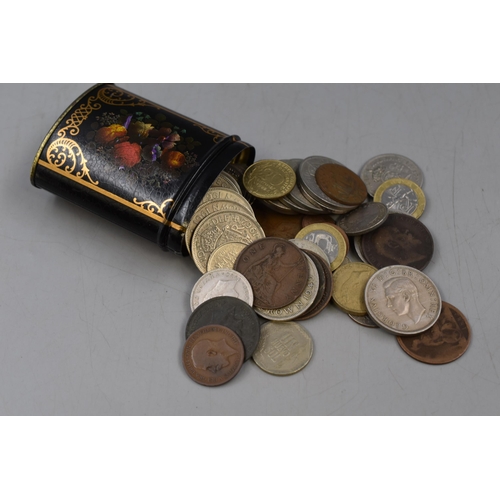 104 - Mixed Selection of Coinage, Cotton Holder and a Vintage Tin