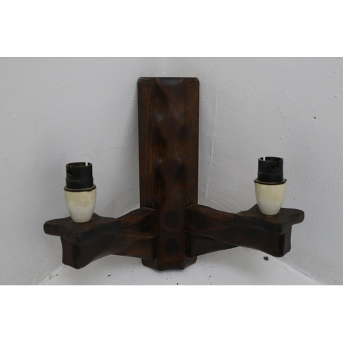 489 - Set of Wooden Gothic style Ceiling and Wall lights complete with Shades and a Table Lamp