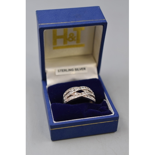 19 - Silver 925 Diamante Encrusted Crossover Ring size R in Presentation Box