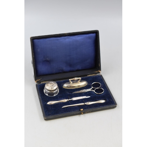 23 - Antique Silver Marked Manicure Set in Original Blue Velvet Lined Storage Case