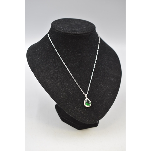 40 - Silver 925 Necklace with Silver 925 Green Stoned Diamante Pendant