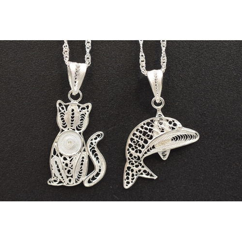 45 - Cat and a Dolphin Themed Silver 925 Filigree Necklaces