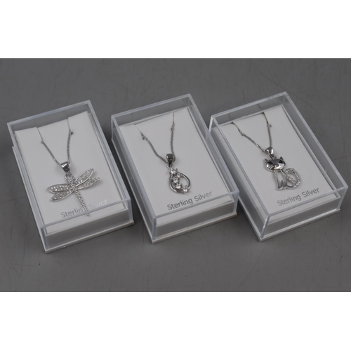 83 - Selection of Three Silver 925 Necklaces, includes Cat, Dragonfly and Raindrop. Complete in Boxes.