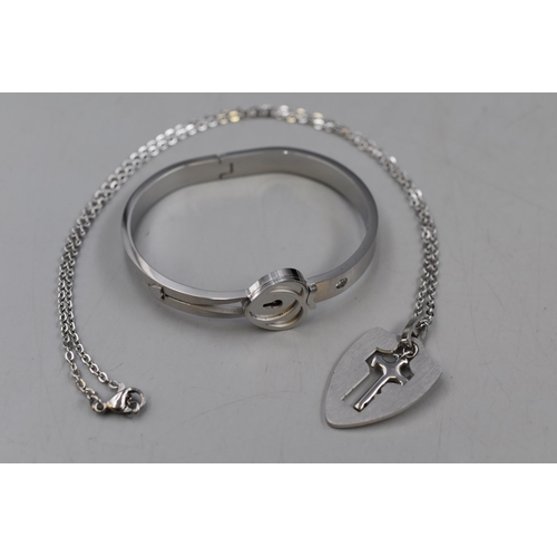 88 - Two Lock & Key Bangle and Necklace Sets, complete in Black Velvet Gift Jewellery Boxes