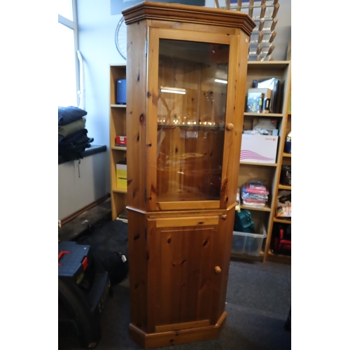 557 - Hand made Solid Pine Plank Backed Corner Display Unit with Glazed Viewing Door internal Lighting and... 