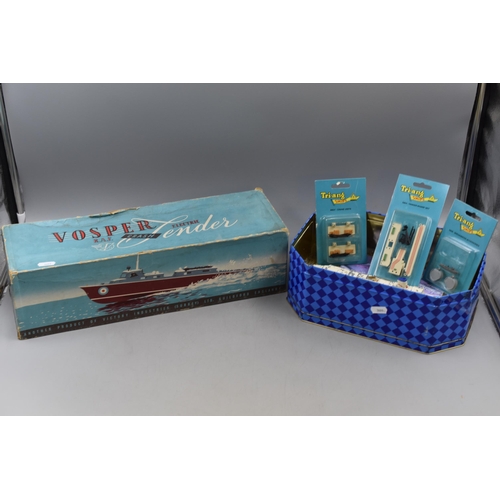 630 - Vosper Electric Model boat in original box and a selection of Tri-ang models in Harbour Components T... 