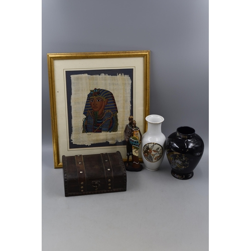 632 - Mixed Lot Of Items Including Framed Papyrus Painting Of King Tutankhamun Approx 14