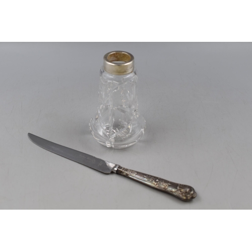 3 - Two Silver Items. Includes A Hallmarked Sheffield Silver Handled Knife Circa 1985 By Harrison Bros, ... 