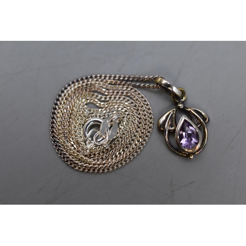 11 - Silver 925 Necklace and Pendant with Purple Stone in Presentation Box