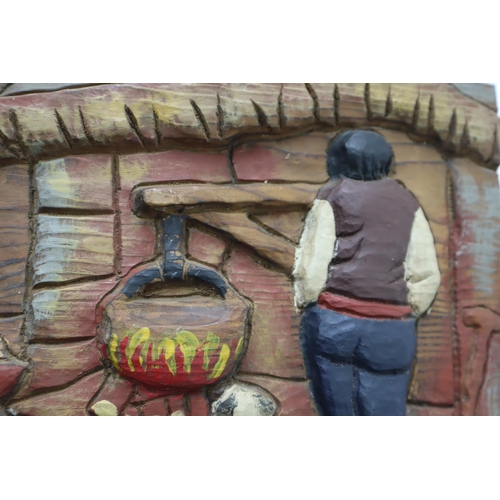 177 - A Rustic Hand Carved Wooden Wall Art, Depicting Rural Fireside Scene. Approx 11.5