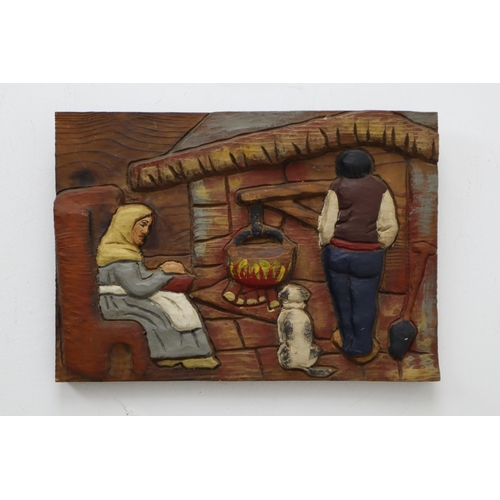 177 - A Rustic Hand Carved Wooden Wall Art, Depicting Rural Fireside Scene. Approx 11.5