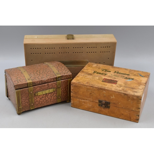 180 - Vintage Companion Games Set, Copper Tea Caddy, and a Wooden Home First Aid Box