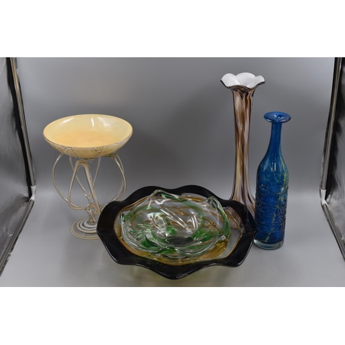 201 - Five Pieces of Art Glassware. Includes Bowls, Candle Holder, Two Vases. Tallest Approx 40cm Tall.