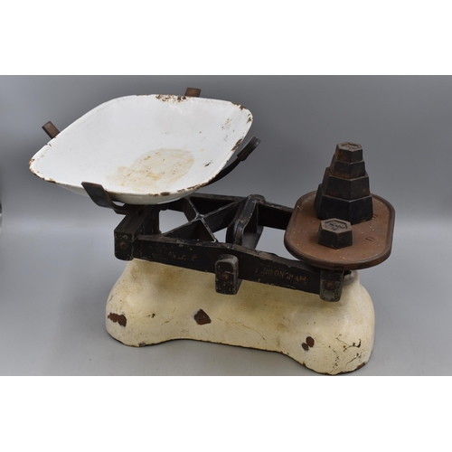 204 - Set of Vintage Avery Weighing Scales with Enamel Covered Weighing Pan and some Cast iron Weights