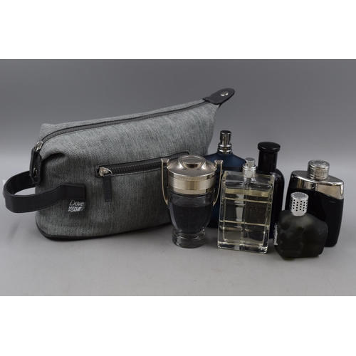 62 - A Selection of Quality Partially Used Gents Fragrances In Wash Bag. Includes Hugo Boss, Paco Robanne... 