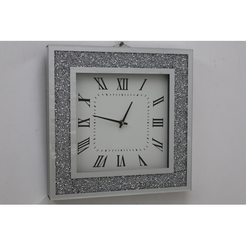 221 - Crushed Diamante Surround Square Faced Clock a/f approx 15