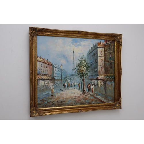 231 - PARIS STREET SCENE PAINTING SIGNED BURNETT Oil on Board. 27 x 23 Inches Approx