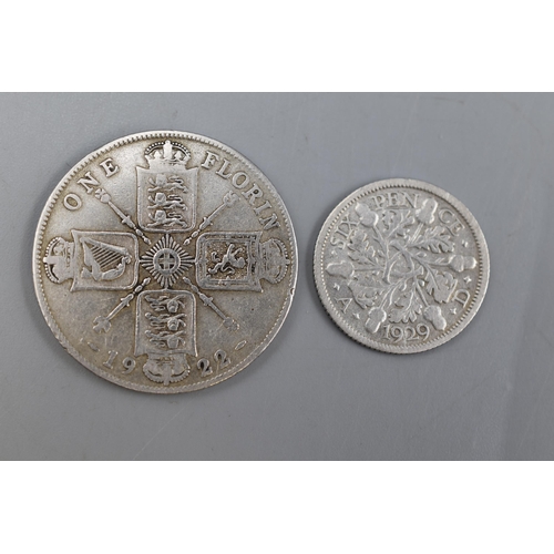 89 - A 1922 UK Silver Florin and 1929 UK Silver Sixpence