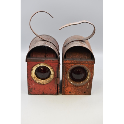 116 - Pair of matching Vintage Roadworks Lamps with Red Glass lenses one with Internal Lamp Burner both br... 