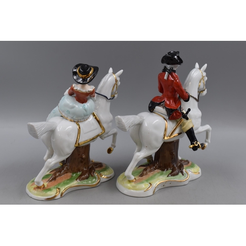 141 - A Pair of German Georgian Style Figures on Horseback, Tallest Approx 22cm Tall. One Broken Rein.