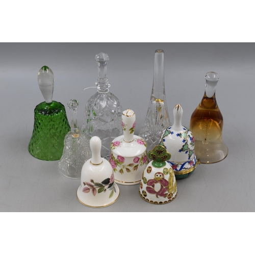 580 - A Selection of Nine Bell Ornaments, Includes Wedgwood, Oriental Enamelled and Others.