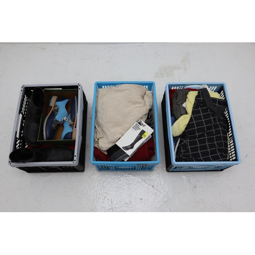 587 - Three Boxes of Assorted Men's Shoes and Clothing Items.