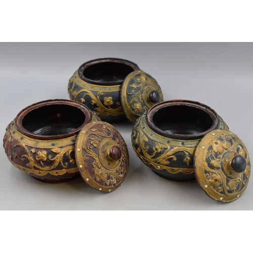 140 - Three Vintage Oriental Style Paper Mache Lidded Pots with Ornate Gilt Decoration (7