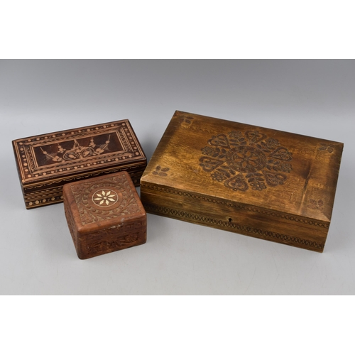 209 - Three Hand Carved Wooden Boxes, Largest Approx 7.5