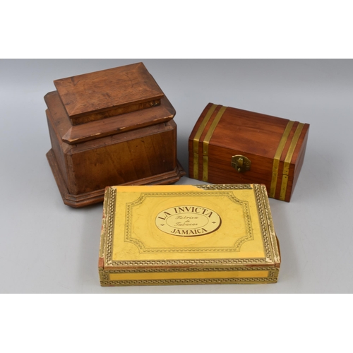 211 - A Selection of Three Wooden Storage Boxes. Includes Unique Wooden Smoker's Box, Cigar Box and Other.