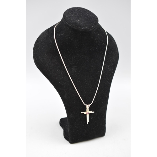 1 - A 925. Silver Necklace With Garnet Stoned Cross Pendant.