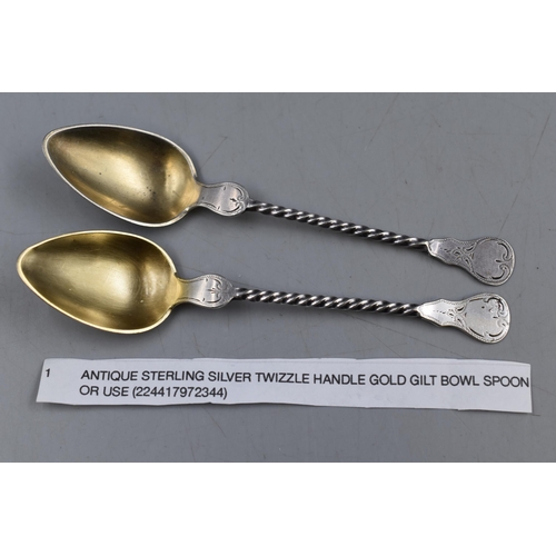 14 - Pair of Sterling Silver Twizzle Handled Gold Gilt Spoon's