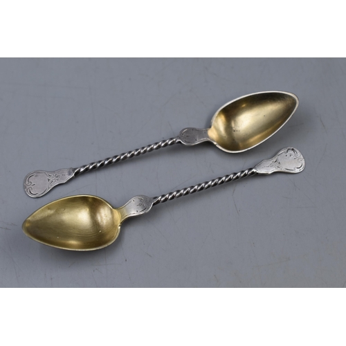 14 - Pair of Sterling Silver Twizzle Handled Gold Gilt Spoon's