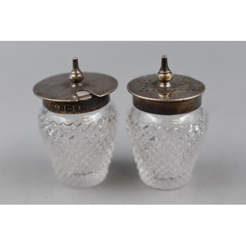 17 - Hallmarked Sheffield Silver and Crystal pepper pot and Condiment Pot