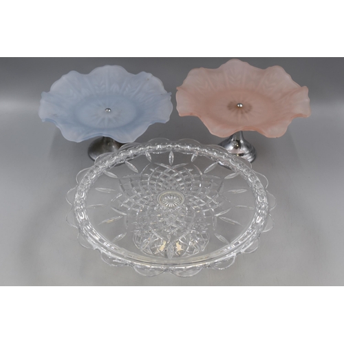 226 - Three cake stands two with frosted Coloured glass and a large one measuring 13