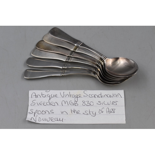 21 - Set of 6 Swedish 830 Silver Spoons in the Art Nouveau style