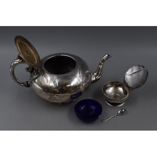 23 - A Selection of Silver Plated Items To Include Condiment Pot, Footed Bowl, Teapot and More.