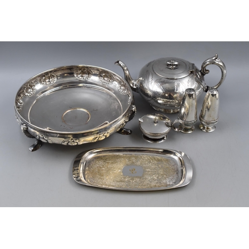 23 - A Selection of Silver Plated Items To Include Condiment Pot, Footed Bowl, Teapot and More.