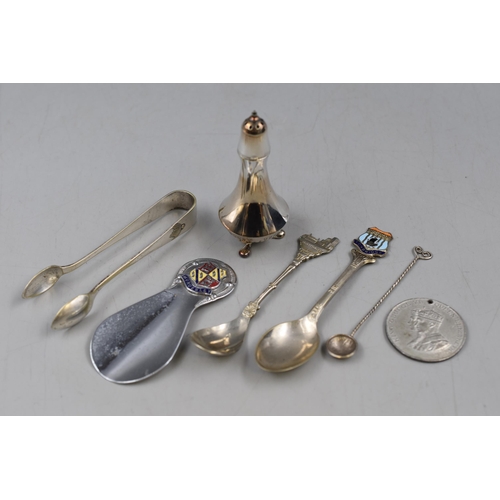 34 - Selection of Silver Plated Spoons, Sugar Tongs, pepper Pot and More