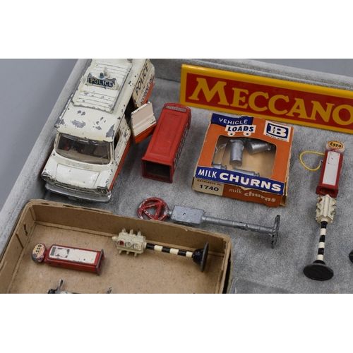 72 - Selection of Meccano Road Works Signs, Traffic Lights, petrol Pumps and a Dinky Ambulance