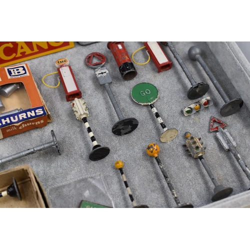 72 - Selection of Meccano Road Works Signs, Traffic Lights, petrol Pumps and a Dinky Ambulance