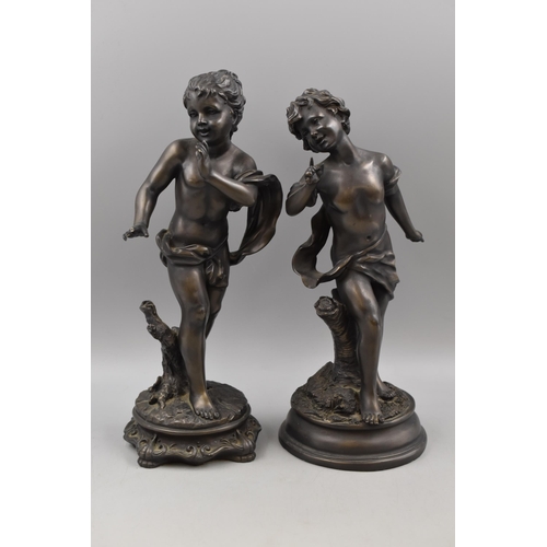 111 - Pair of Bronzed Figurines Depicting Boy and Girl a/f Both approx 13