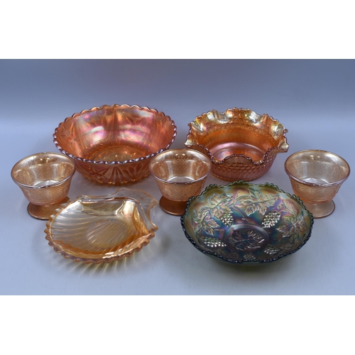 135 - Seven Pieces of Carnival Glass, Includes Bowls, Ashtray And Dessert Bowls