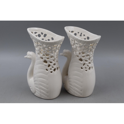 157 - Pair of Decorative White Ceramic Swan's / peacock both approx 7